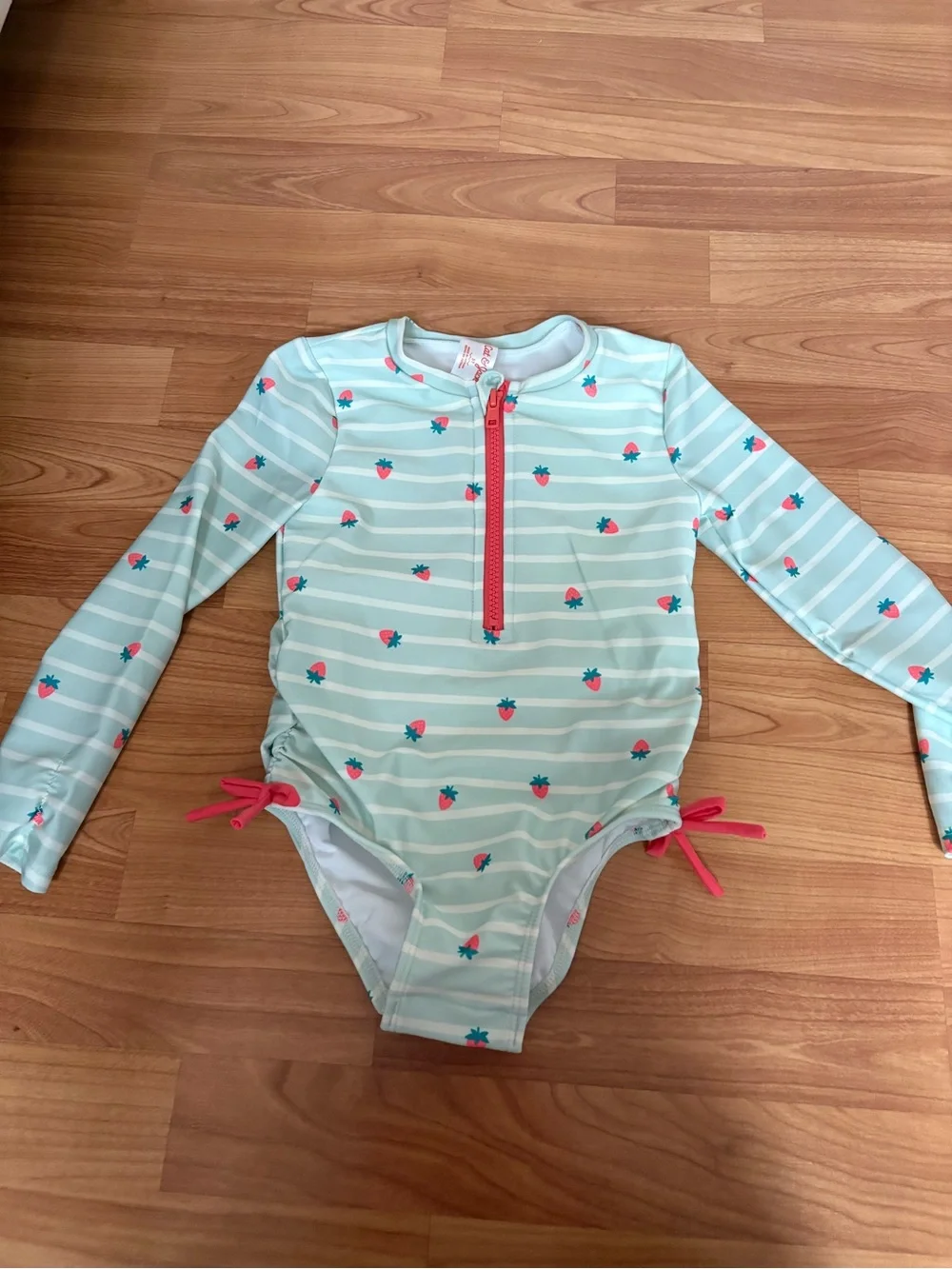 Cat & Jack Mint and Pink Long-Sleeve One-Piece Swimsuit with Strawberry Print